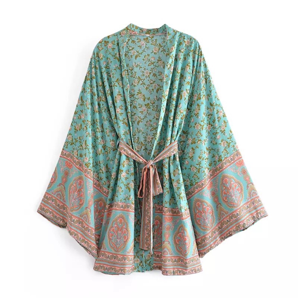 Minted Pink Lotus Vintage Boho Cotton Kimono Robe - Picture 1 of 8